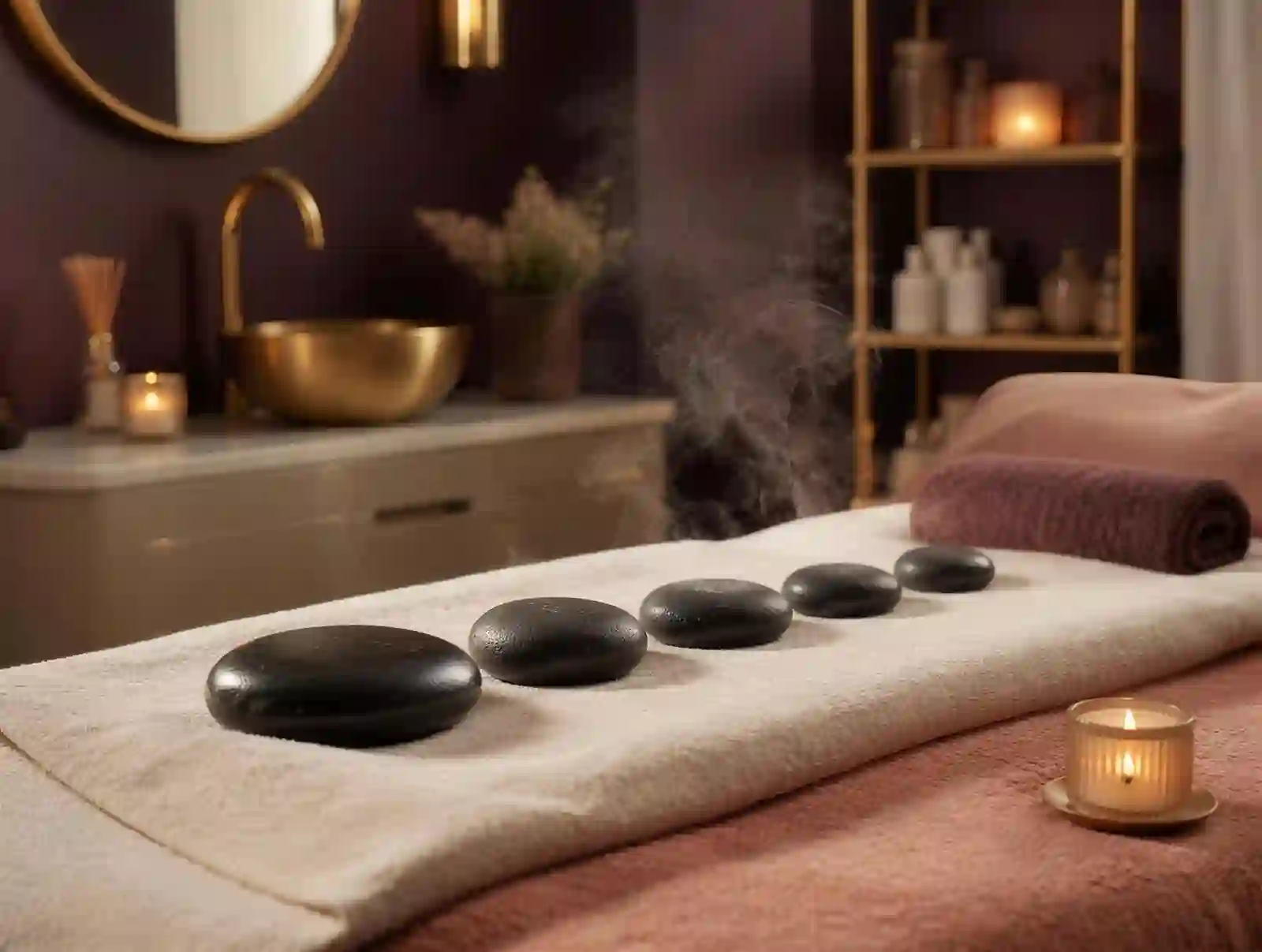 Vorbereitete Hot-Stones für die Massagebehandlung